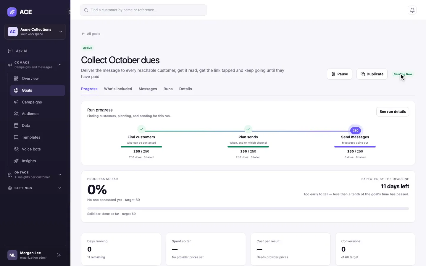 A running goal: customers found, sends planned, messages going out
