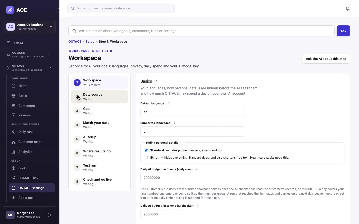 The eight setup steps, starting with the workspace