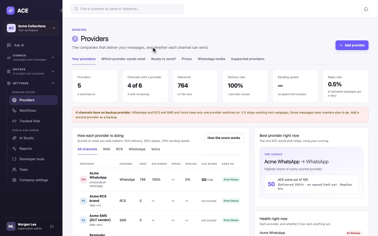 Providers: delivery rate, reply rate and a warning that channels have no backup