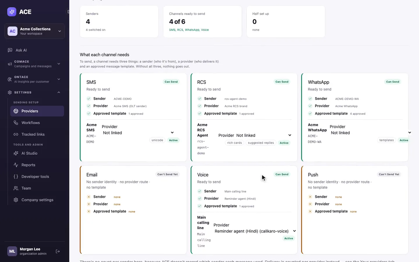 Ready to send: sender, provider and approved template for each channel