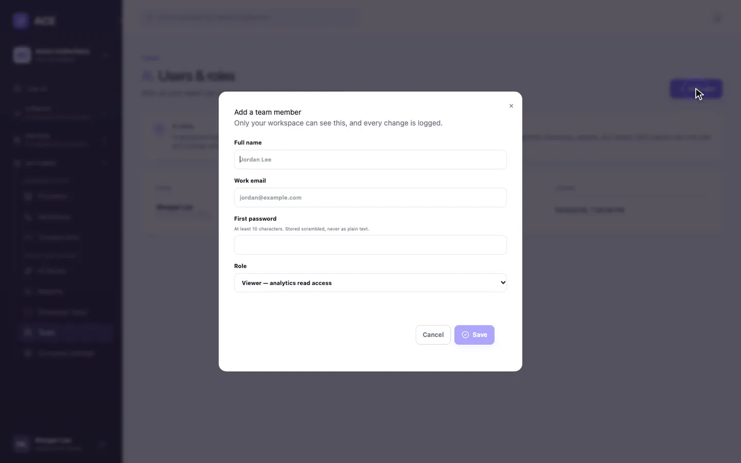 Adding a team member with a name, work email and role