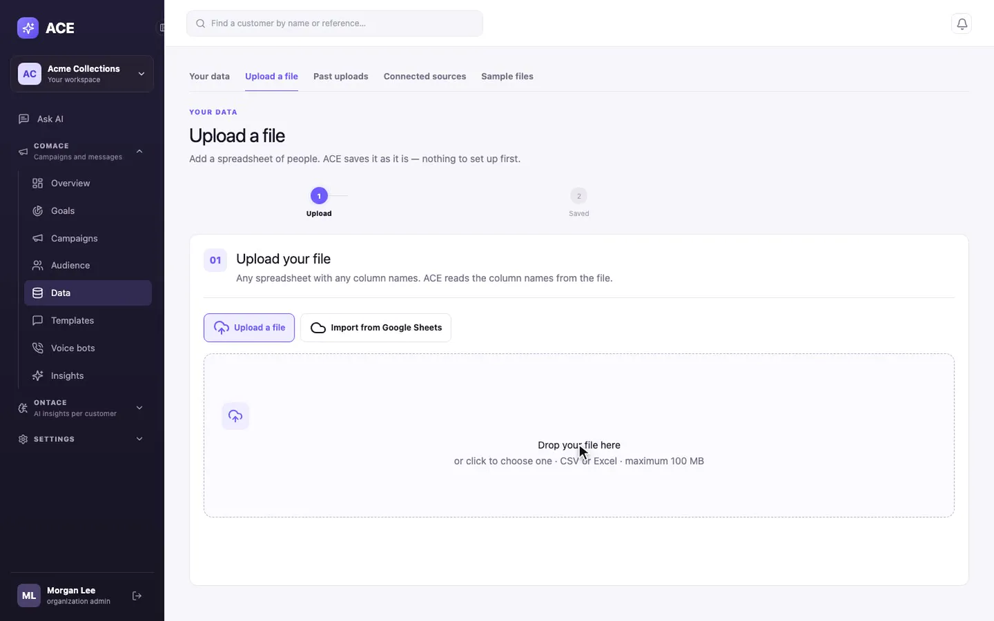 Upload a file: drop a CSV or Excel file, or import from Google Sheets